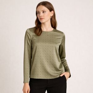 NWT Stark X Olive Studded Satin Long Sleeve Top | Quiet Luxury Minimalist Chic L